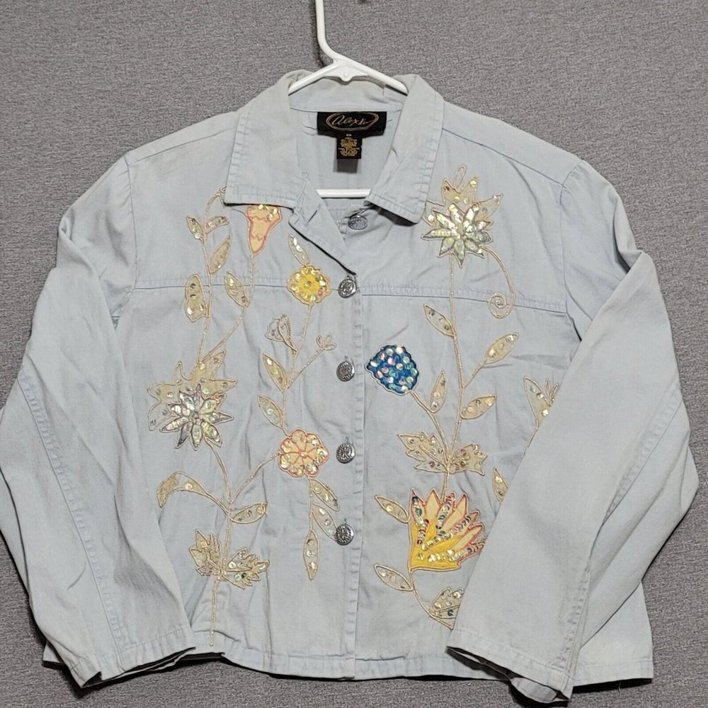 Alex Kim Women's Jacket‎ Size 2X Blue Embroidered Button Up Light Casual